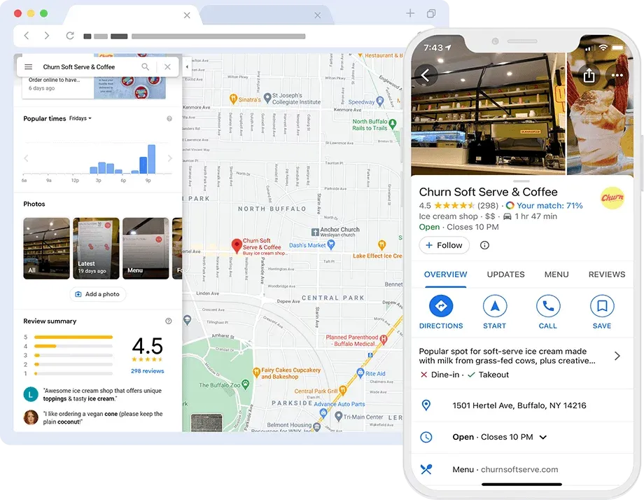 Google Business Profile showing maps view and mobile profile optimization